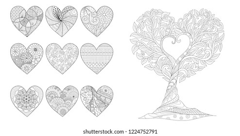 Zentangle hearts and tree for Valentines card or weddin invitations and coloring page for anti stress.Vector illustration