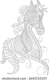 Zentangle Horse Coloring Page Illustration, An intricate black and white line art illustration of a horse decorated with detailed zentangle and mandala patterns. Perfect for adult coloring books,