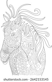 Zentangle Horse Head Illustration, Black and white line art illustration of a horse head filled with intricate zentangle-style patterns, perfect for coloring pages, meditation, and relaxation. Ideal