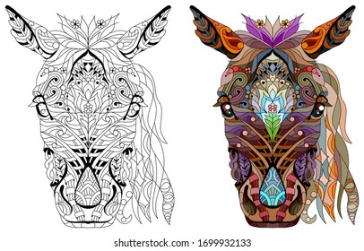 Zentangle horse head with mandala. Hand drawn decorative vector illustration for coloring