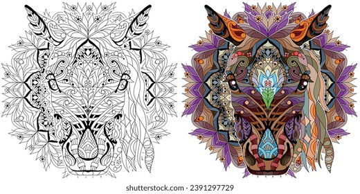 Zentangle horse head with mandala. Hand drawn decorative vector illustration. Color and outline set