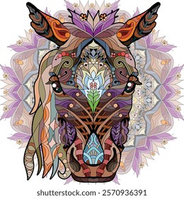 Zentangle horse head with mandala. Hand drawn decorative vector illustration.