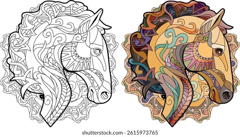 Zentangle horse head with mandala. Hand drawn decorative vector illustration. Color and outline set