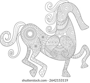 Zentangle Horse Line Art for Coloring, Intricate line art illustration of a horse adorned with detailed zentangle patterns, perfect for adult coloring books, relaxation, meditation, or decorative