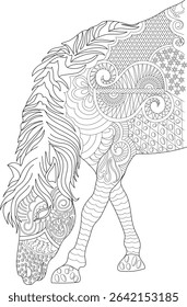 Zentangle Horse Line Art for Coloring, Intricate black and white line art illustration of a horse filled with detailed abstract and zentangle patterns, perfect for adult coloring books and