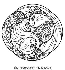 Zentangle of hugging cats. Editable vector monochrome illustration.