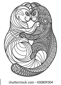 Zentangle hugging cats. Editable vector monochrome illustration.