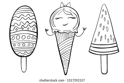 Zentangle ice cream set for coloring book for adult. Vector illustration.