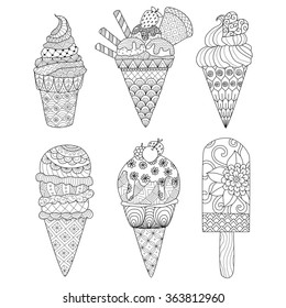 Zentangle ice cream set for coloring book for adult and other decorations.