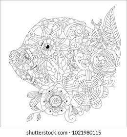 Zentangle illustration with pig. Zentangle or doodle piglet. Coloring book domestic animal.