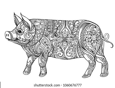 Zentangle illustration with pig. Zentangle or doodle piglet.