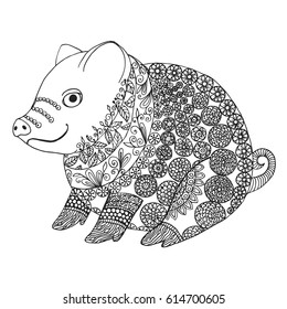 Zentangle illustration with pig. Zen tangle or doodle piglet. Coloring book domestic animal