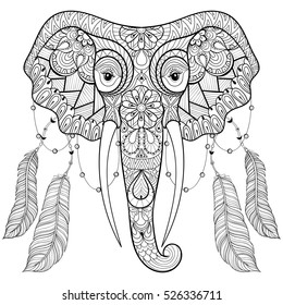 Zentangle indian Elephant with bird feathers in boho chic style. Freehand sketch for adult anti stress coloring page, book. Vector illustration for t-shirt print, fabric, art therapy, tattoo.