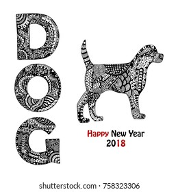 Zentangle insipred dog text and animal. Handdrawn elements for New year card 2018