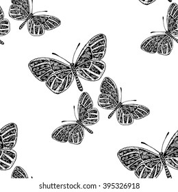 Zentangle inspired hand drawn vector butterfly, spring and summer seamless pattern. Coloring book for adult. Fashion, wrapping, wallpaper, textile natural texture. Wildlife illustration.