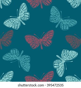 Zentangle inspired hand drawn vector butterfly, spring and summer seamless pattern. Coloring book for adult. Fashion, wrapping, wallpaper, textile natural texture. Wildlife illustration.