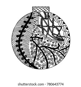 Zentangle inspired handdrawn black and white ball with different pattern elements