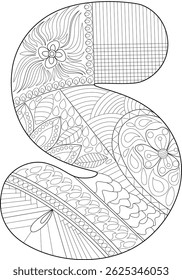 Zentangle Inspired Illustrated Letter S for Coloring, Decorative uppercase letter S filled with intricate zentangle-inspired patterns and designs. Ideal for adult coloring books, educational