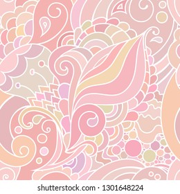 Zentangle inspired textile pattern with waves and curles. Colorful hippie style seamless texture with oriental boho chic motives.