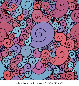 Zentangle inspired textile pattern with waves and curles. Colorful hippie style seamless texture with oriental boho chic motives.