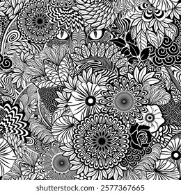 Zentangle intricate and Dense Vector Seamless Textile Pattern composed by floral, abstract and animals elements
