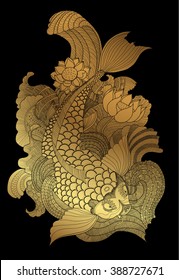 zentangle koi fish gold on black background
