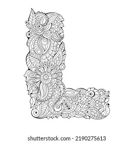 Zentangle letter L. Adult coloring book page with lettering