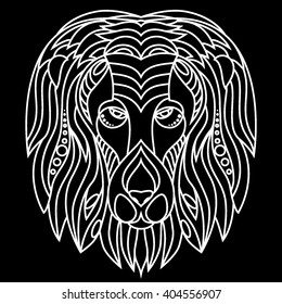 Zentangle lion's head. Florid ornament . Black and white background . Isolated lion's face. icon. line art . flat style