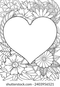 Zentangle Love Coloring Pages.Art therapy coloring page. Vector black and white coloring page for coloring book. Leaves and flowers in monochrome colo