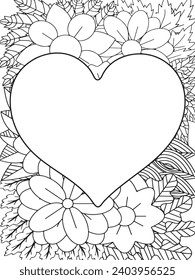 Zentangle Love Coloring Pages.Art therapy coloring page. Vector black and white coloring page for coloring book. Leaves and flowers in monochrome colo