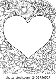 Zentangle Love Coloring Pages.Art therapy coloring page. Vector black and white coloring page for coloring book. Leaves and flowers in monochrome colo