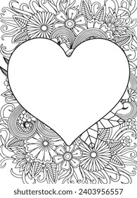 Zentangle Love Coloring Pages.Art therapy coloring page. Vector black and white coloring page for coloring book. Leaves and flowers in monochrome colo