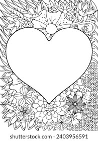 Zentangle Love Coloring Pages.Art therapy coloring page. Vector black and white coloring page for coloring book. Leaves and flowers in monochrome colo