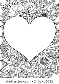 Zentangle Love Coloring Pages.Art therapy coloring page. Vector black and white coloring page for coloring book. Leaves and flowers in monochrome colo