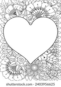 Zentangle Love Coloring Pages.Art therapy coloring page. Vector black and white coloring page for coloring book. Leaves and flowers in monochrome colo