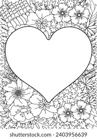 Zentangle Love Coloring Pages.Art therapy coloring page. Vector black and white coloring page for coloring book. Leaves and flowers in monochrome colo
