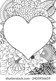 Zentangle Love Coloring Pages.Art therapy coloring page. Vector black and white coloring page for coloring book. Leaves and flowers in monochrome colo