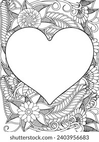 Zentangle Love Coloring Pages.Art therapy coloring page. Vector black and white coloring page for coloring book. Leaves and flowers in monochrome colo