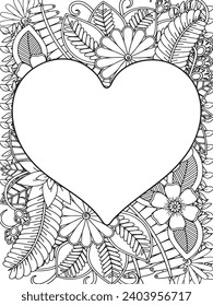 Zentangle Love Coloring Pages.Art therapy coloring page. Vector black and white coloring page for coloring book. Leaves and flowers in monochrome colo