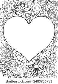 Zentangle Love Coloring Pages.Art therapy coloring page. Vector black and white coloring page for coloring book. Leaves and flowers in monochrome colo