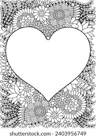 Zentangle Love Coloring Pages.Art therapy coloring page. Vector black and white coloring page for coloring book. Leaves and flowers in monochrome colo
