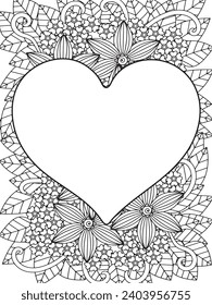 Zentangle Love Coloring Pages.Art therapy coloring page. Vector black and white coloring page for coloring book. Leaves and flowers in monochrome colo