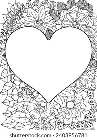 Zentangle Love Coloring Pages.Art therapy coloring page. Vector black and white coloring page for coloring book. Leaves and flowers in monochrome colo