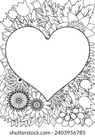 Zentangle Love Coloring Pages.Art therapy coloring page. Vector black and white coloring page for coloring book. Leaves and flowers in monochrome colo