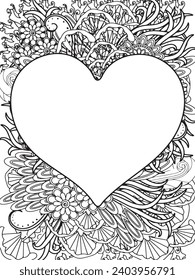 Zentangle Love Coloring Pages.Art therapy coloring page. Vector black and white coloring page for coloring book. Leaves and flowers in monochrome colo