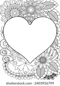 Zentangle Love Coloring Pages.Art therapy coloring page. Vector black and white coloring page for coloring book. Leaves and flowers in monochrome colo