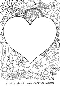 Zentangle Love Coloring Pages.Art therapy coloring page. Vector black and white coloring page for coloring book. Leaves and flowers in monochrome colo