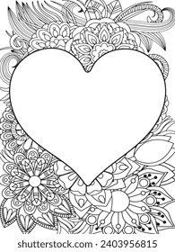 Zentangle Love Coloring Pages.Art therapy coloring page. Vector black and white coloring page for coloring book. Leaves and flowers in monochrome colo