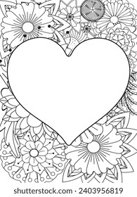 Zentangle Love Coloring Pages.Art therapy coloring page. Vector black and white coloring page for coloring book. Leaves and flowers in monochrome colo