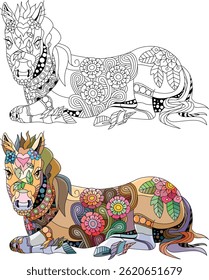 Zentangle deitado cavalo. Ilustração de vetor decorativo desenhado à mão para coloração. Conjunto de cores e contornos